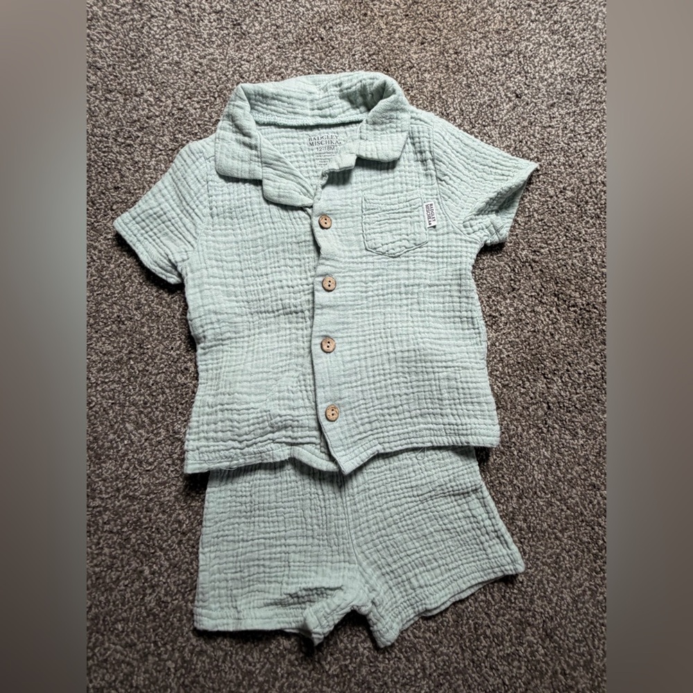 Badgley Mischka Baby Muslin Shirt & Shorts Set | 12–18 M | Sage Green Cotton
